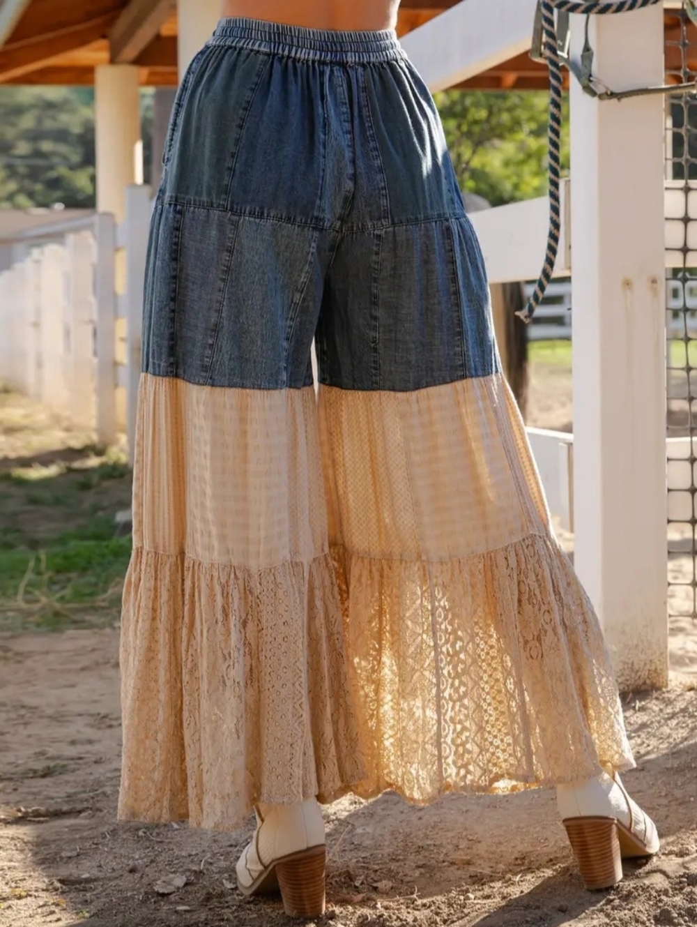 #1494 YT S-3X Prairie Moon Denim & Lace Tiered Palazzo Pants - Picture 3 of 6
